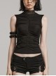 Black Stretch Knit Patchwork Mesh Neckline Slim Fit Skeleton Gothic Sleeveless Vest