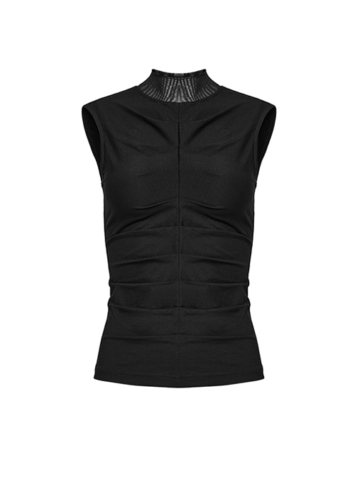 Black Stretch Knit Patchwork Mesh Neckline Slim Fit Skeleton Gothic Sleeveless Vest