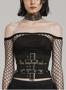 Black Non Elastic Woven Spliced Mesh Adjustable Thick Tab Cross Tied Rope Punk Style Tight Girdle