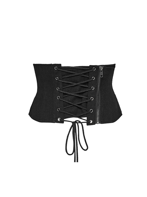 Black Non Elastic Woven Spliced Mesh Adjustable Thick Tab Cross Tied Rope Punk Style Tight Girdle