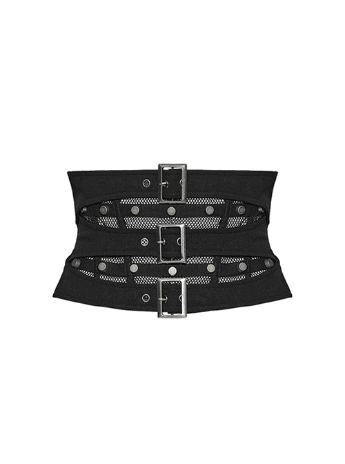 Black Non Elastic Woven Spliced Mesh Adjustable Thick Tab Cross Tied Rope Punk Style Tight Girdle
