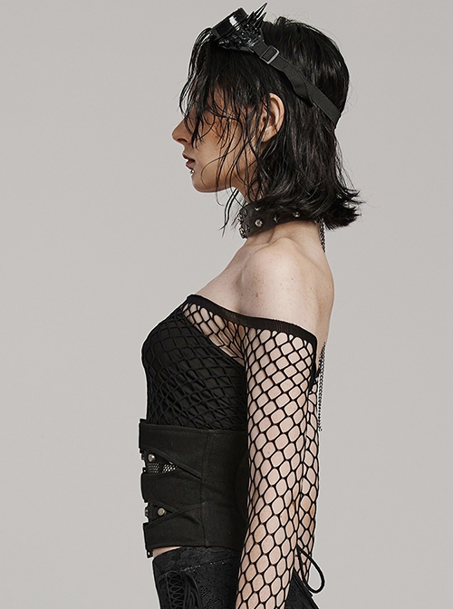 Black Non Elastic Woven Spliced Mesh Adjustable Thick Tab Cross Tied Rope Punk Style Tight Girdle