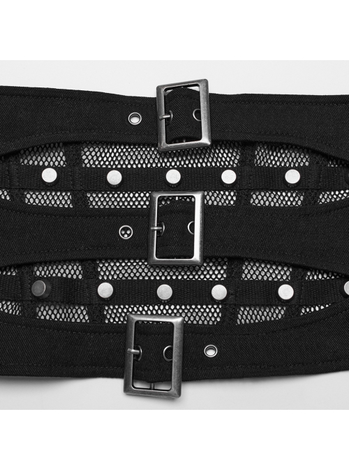 Black Non Elastic Woven Spliced Mesh Adjustable Thick Tab Cross Tied Rope Punk Style Tight Girdle