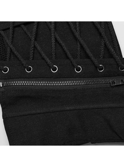 Black Non Elastic Woven Spliced Mesh Adjustable Thick Tab Cross Tied Rope Punk Style Tight Girdle