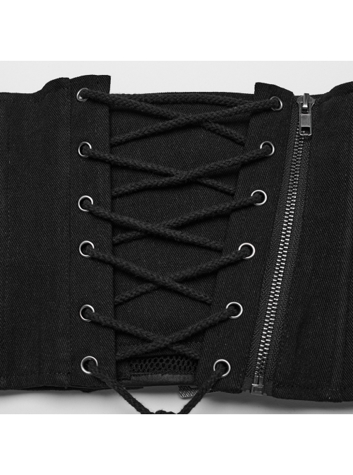 Black Non Elastic Woven Spliced Mesh Adjustable Thick Tab Cross Tied Rope Punk Style Tight Girdle