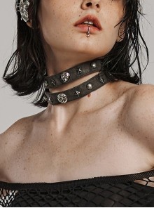 Old Look Gray Woven With Metal Skull Pattern Rivets To Decorate The Punk Style Double Neck Collar