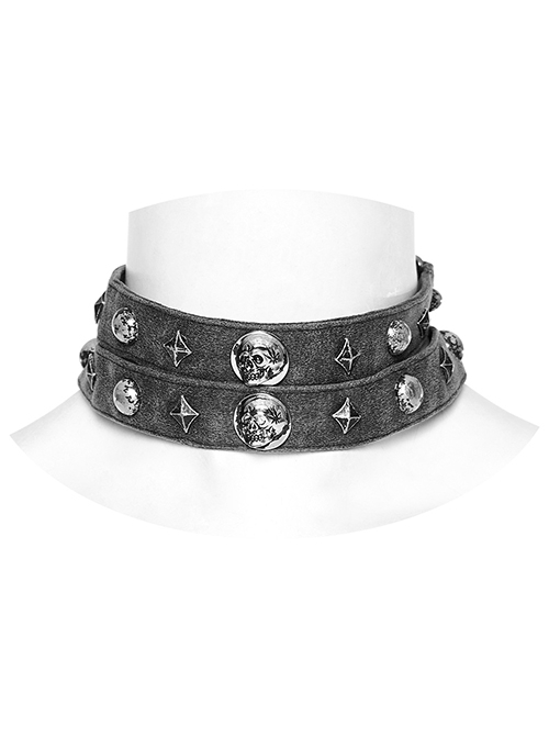 Old Look Gray Woven With Metal Skull Pattern Rivets To Decorate The Punk Style Double Neck Collar
