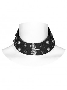 Old Look Black Woven With Metal Skull Pattern Rivets To Decorate The Punk Style Double Neck Collar