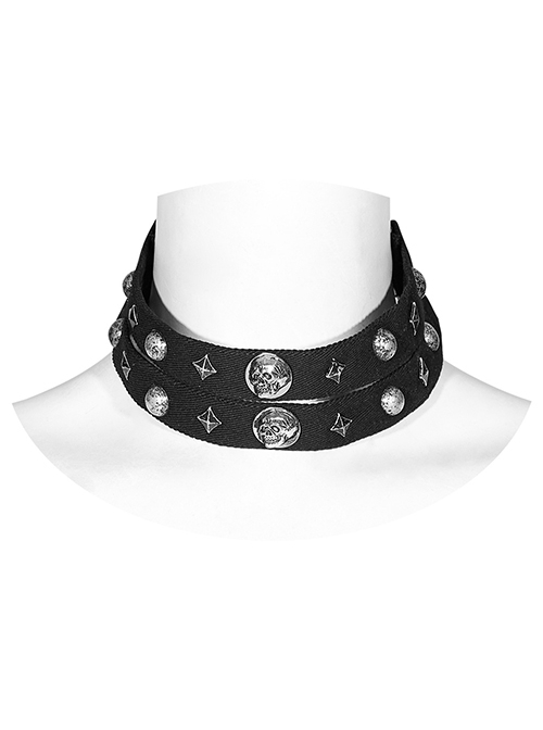 Old Look Black Woven With Metal Skull Pattern Rivets To Decorate The Punk Style Double Neck Collar