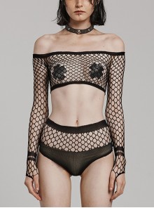 Sexy Black Super Elastic Mesh Yarn Punk Style See Through T-Shirt Suit
