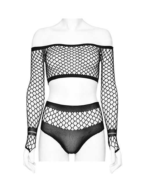 Sexy Black Super Elastic Mesh Yarn Punk Style See Through T-Shirt Suit