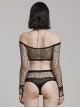 Sexy Black Super Elastic Mesh Yarn Punk Style See Through T-Shirt Suit