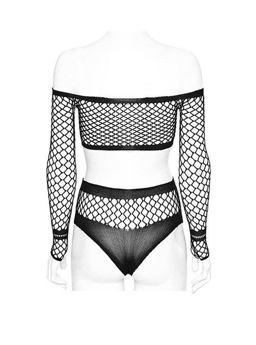 Sexy Black Super Elastic Mesh Yarn Punk Style See Through T-Shirt Suit