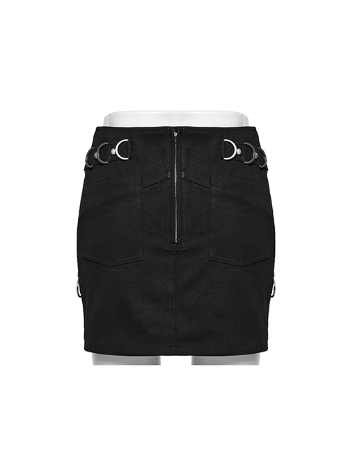 Personalized Black Cross Twill Spliced Mesh Front D Shaped Buckle With Studs Embellished With Punk Style Layered Skirt