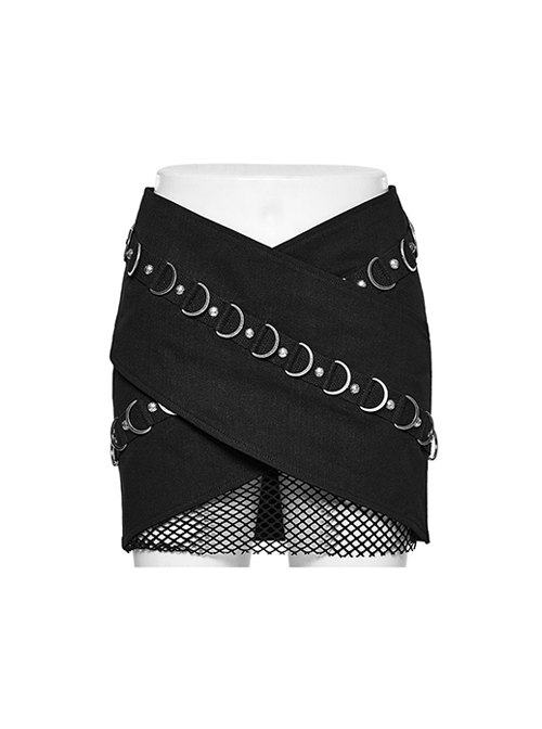 Personalized Black Cross Twill Spliced Mesh Front D Shaped Buckle With Studs Embellished With Punk Style Layered Skirt