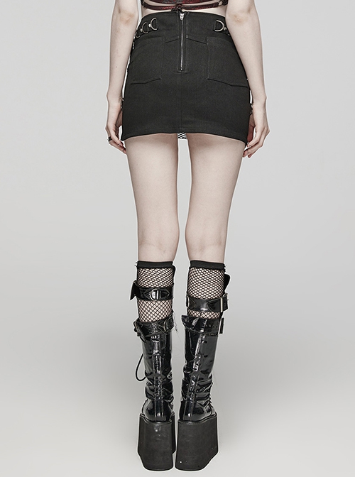 Personalized Black Cross Twill Spliced Mesh Front D Shaped Buckle With Studs Embellished With Punk Style Layered Skirt