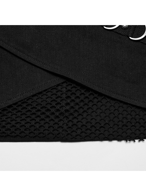 Personalized Black Cross Twill Spliced Mesh Front D Shaped Buckle With Studs Embellished With Punk Style Layered Skirt