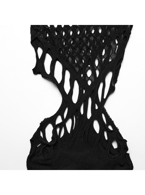Sexy Black Elastic Waistless Yarn Punk Style See Through Bodysuit