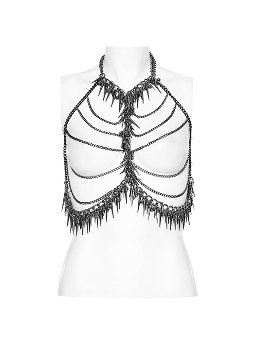 Personalized Tarnish Metal Spiked Chain Adjustable Halterneck Punk Style Harness
