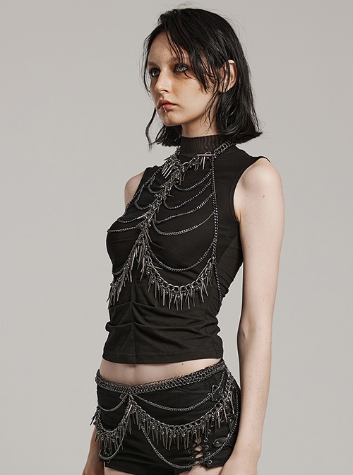 Personalized Tarnish Metal Spiked Chain Adjustable Halterneck Punk Style Harness