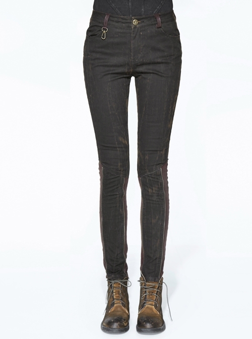 Right Side Brown Detachable Bag Distressed Black Punk Pants