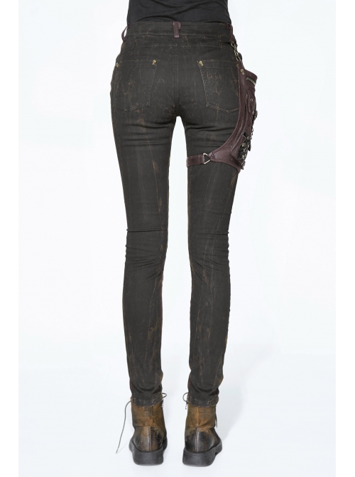 Right Side Brown Detachable Bag Distressed Black Punk Pants