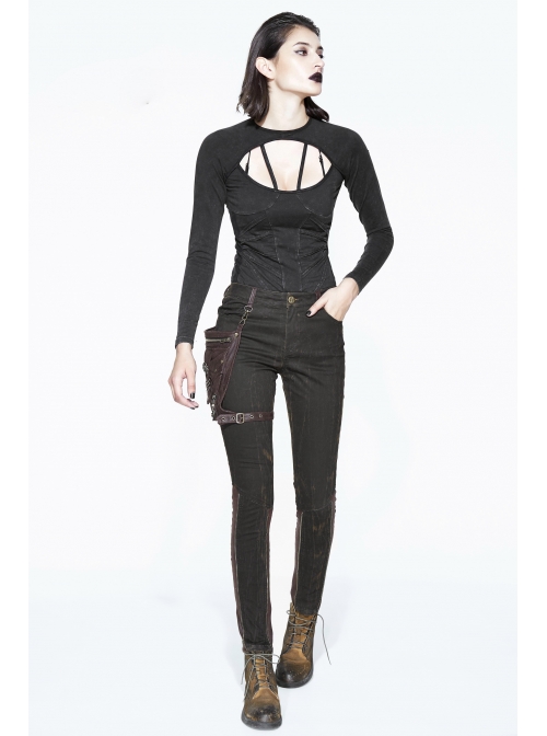 Right Side Brown Detachable Bag Distressed Black Punk Pants
