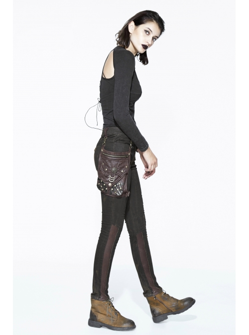 Right Side Brown Detachable Bag Distressed Black Punk Pants