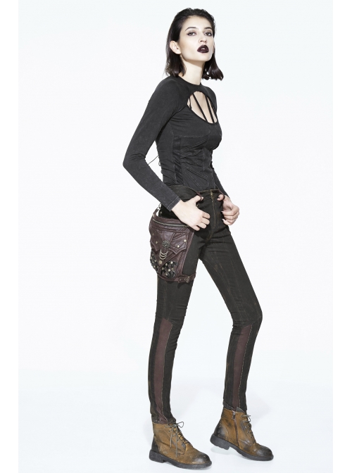 Right Side Brown Detachable Bag Distressed Black Punk Pants