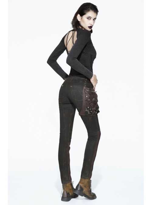 Right Side Brown Detachable Bag Distressed Black Punk Pants