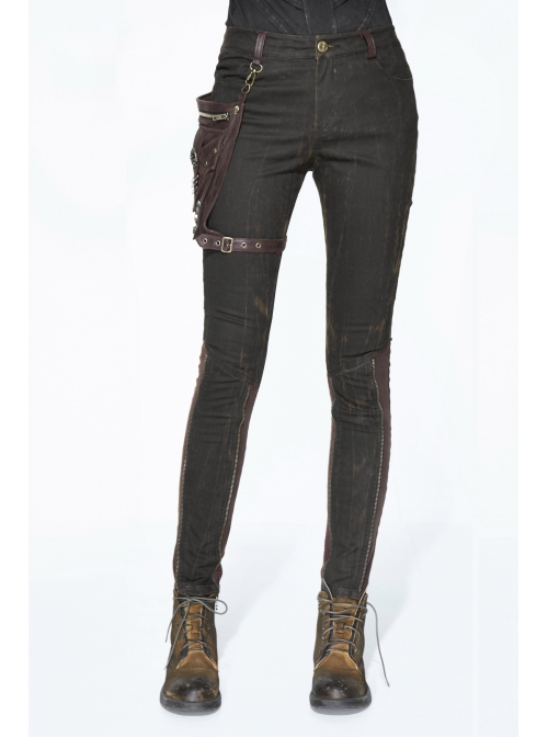 Right Side Brown Detachable Bag Distressed Black Punk Pants