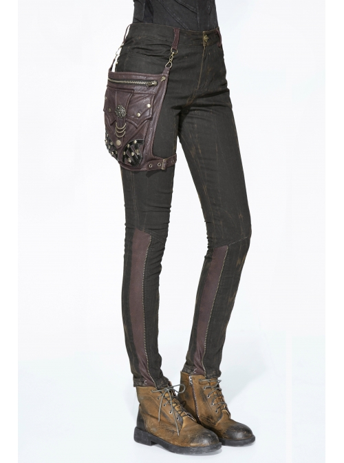 Right Side Brown Detachable Bag Distressed Black Punk Pants