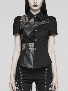 Personalized Black Twill Woven Patchwork Taped Mesh Lapel Punk Style Asymmetric Short Sleeved Shirt