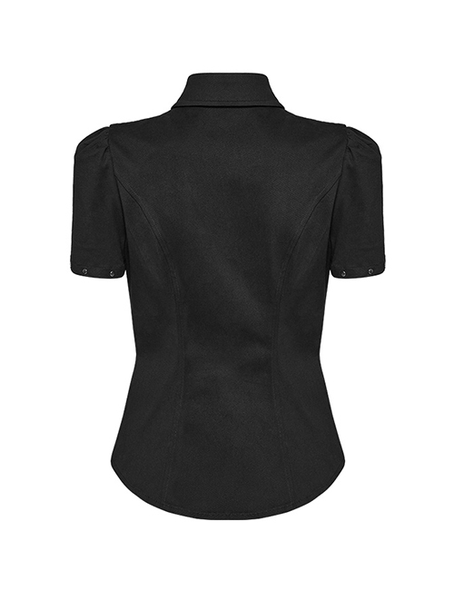 Personalized Black Twill Woven Patchwork Taped Mesh Lapel Punk Style Asymmetric Short Sleeved Shirt