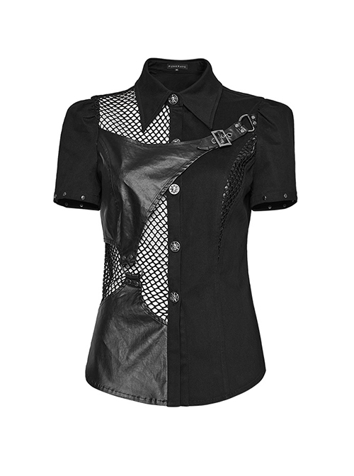 Personalized Black Twill Woven Patchwork Taped Mesh Lapel Punk Style Asymmetric Short Sleeved Shirt