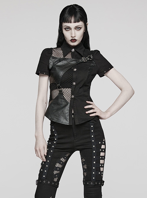 Personalized Black Twill Woven Patchwork Taped Mesh Lapel Punk Style Asymmetric Short Sleeved Shirt