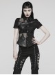 Personalized Black Twill Woven Patchwork Taped Mesh Lapel Punk Style Asymmetric Short Sleeved Shirt