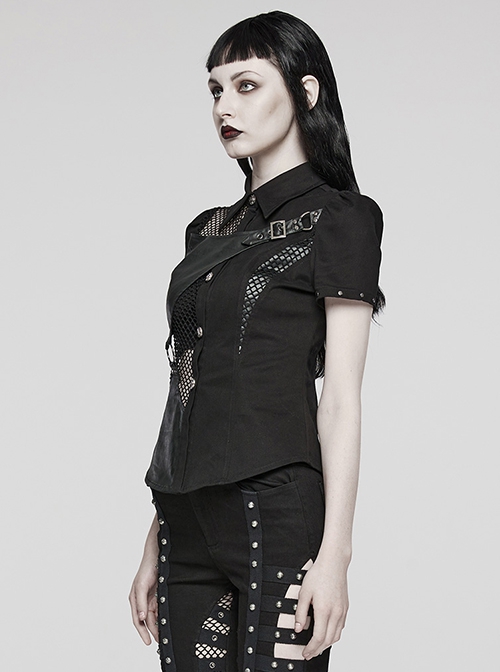 Personalized Black Twill Woven Patchwork Taped Mesh Lapel Punk Style Asymmetric Short Sleeved Shirt