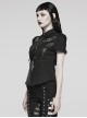 Personalized Black Twill Woven Patchwork Taped Mesh Lapel Punk Style Asymmetric Short Sleeved Shirt