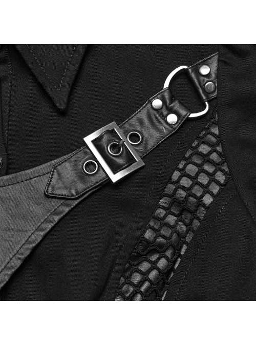 Personalized Black Twill Woven Patchwork Taped Mesh Lapel Punk Style Asymmetric Short Sleeved Shirt