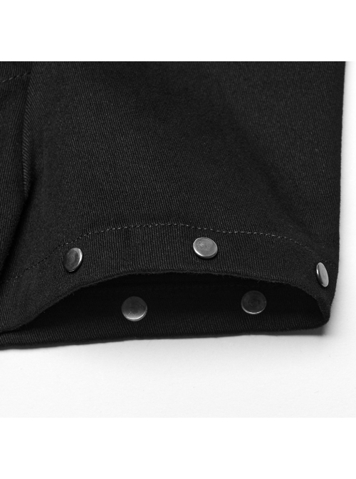 Personalized Black Twill Woven Patchwork Taped Mesh Lapel Punk Style Asymmetric Short Sleeved Shirt