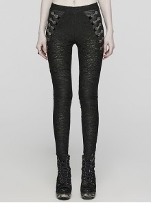 Black Stretch Muscle Knit Front Panel Exquisite Hand Stitched Button Embellished Gothic Print Leggings