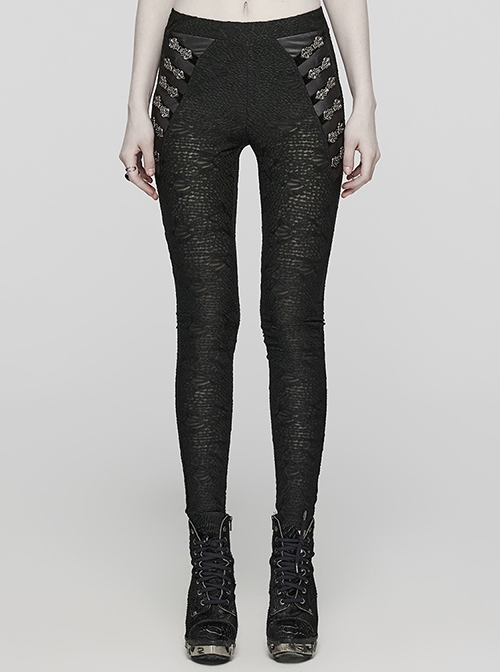 Black Stretch Muscle Knit Front Panel Exquisite Hand Stitched Button Embellished Gothic Print Leggings