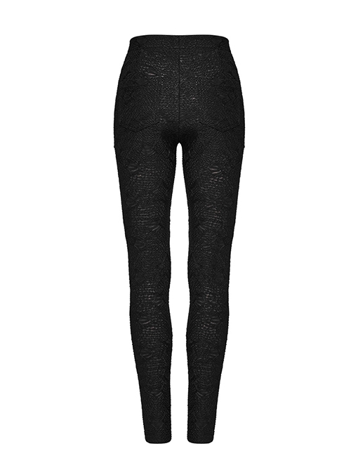 Black Stretch Muscle Knit Front Panel Exquisite Hand Stitched Button Embellished Gothic Print Leggings