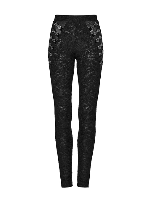 Black Stretch Muscle Knit Front Panel Exquisite Hand Stitched Button Embellished Gothic Print Leggings