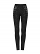 Black Stretch Muscle Knit Front Panel Exquisite Hand Stitched Button Embellished Gothic Print Leggings