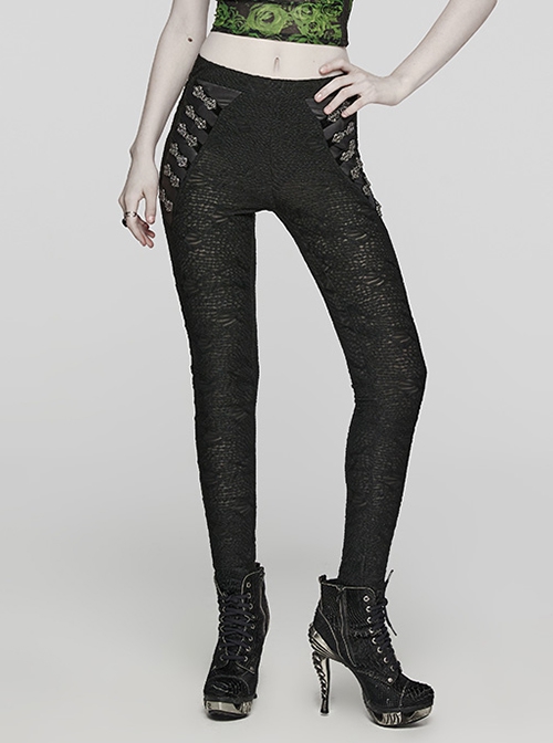 Black Stretch Muscle Knit Front Panel Exquisite Hand Stitched Button Embellished Gothic Print Leggings