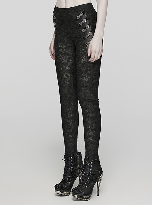 Black Stretch Muscle Knit Front Panel Exquisite Hand Stitched Button Embellished Gothic Print Leggings