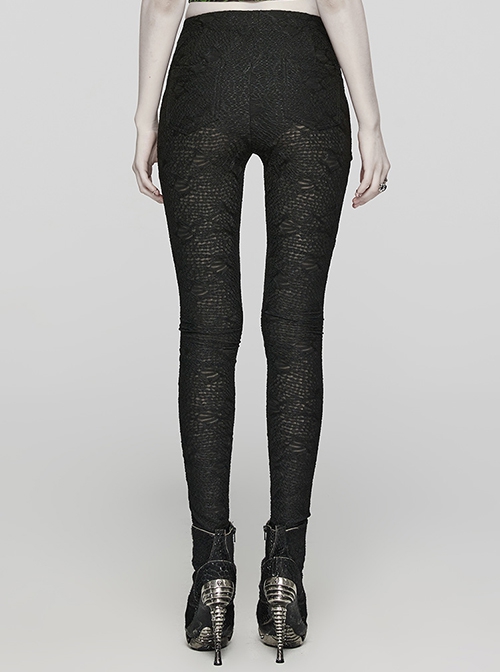Black Stretch Muscle Knit Front Panel Exquisite Hand Stitched Button Embellished Gothic Print Leggings