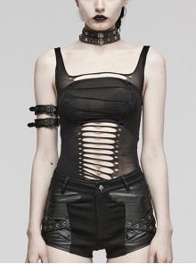 Black Super Elastic Tight Yarn With Holes In The Front And Hollows Punk Style Vest